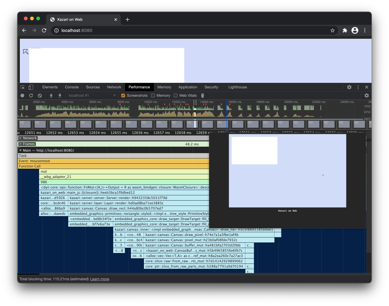 Chrome DevToolsのパフォーマンスタブ。pixel_mutの実装がまずいことが分かる。